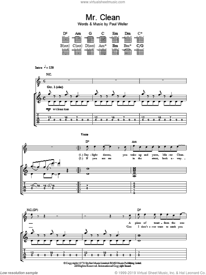 Mr. Clean sheet music for guitar (tablature) by The Jam and Paul Weller, intermediate skill level