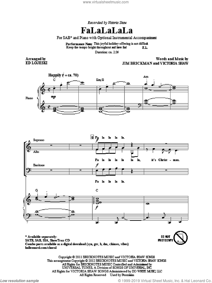 FaLaLaLaLa sheet music for choir (SAB: soprano, alto, bass) by Jim Brickman, Victoria Shaw and Ed Lojeski, intermediate skill level