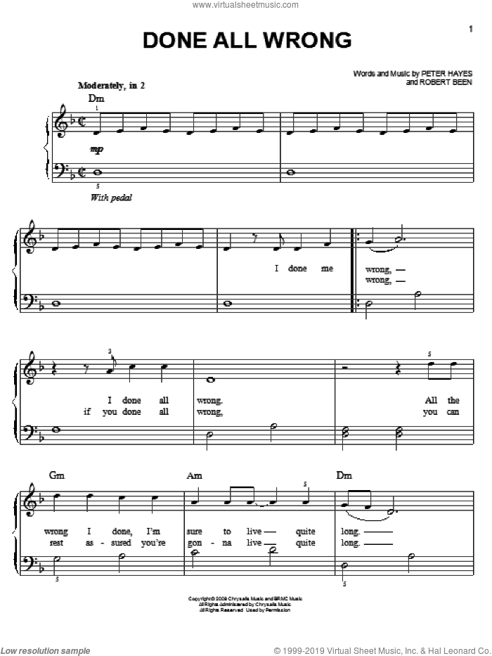 Done All Wrong sheet music for piano solo by Black Rebel Motorcycle Club, Peter Hayes, Robert Been and Twliight: New Moon (Movie), easy skill level