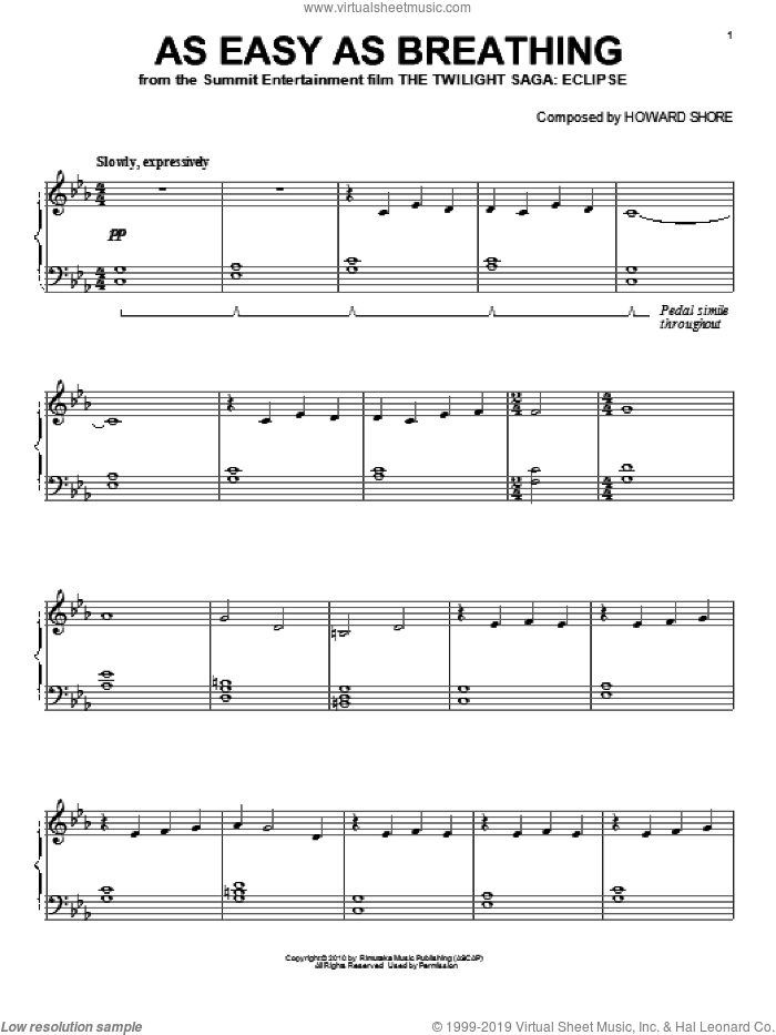 As Easy As Breathing sheet music for piano solo by Howard Shore and Twilight: Eclipse (Movie), intermediate skill level
