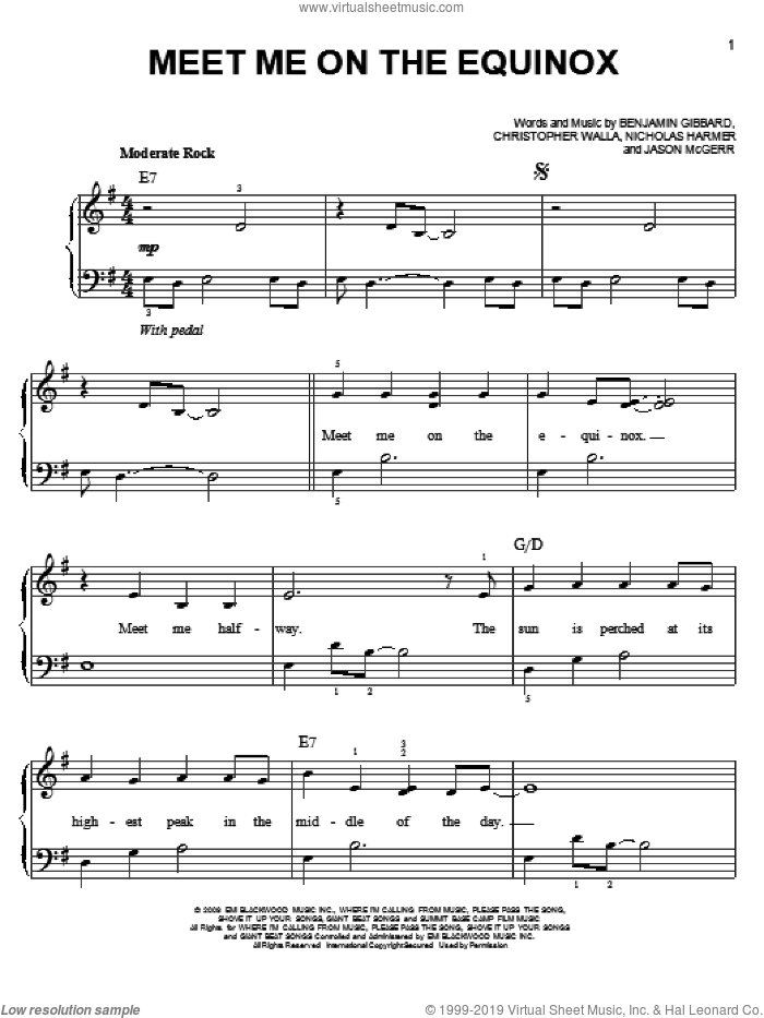 Meet Me On The Equinox sheet music for piano solo by Death Cab For Cutie, Benjamin Gibbard, Christopher Walla, Jason McGerr, Nicholas Harmer and Twliight: New Moon (Movie), easy skill level