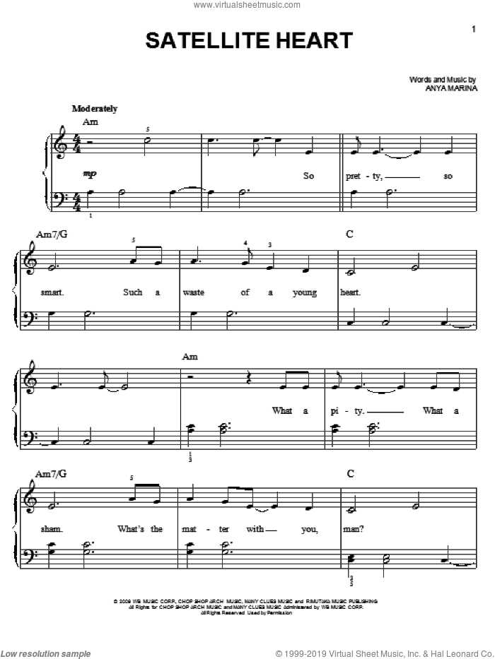 Satellite Heart sheet music for piano solo by Anya Marina and Twliight: New Moon (Movie), easy skill level