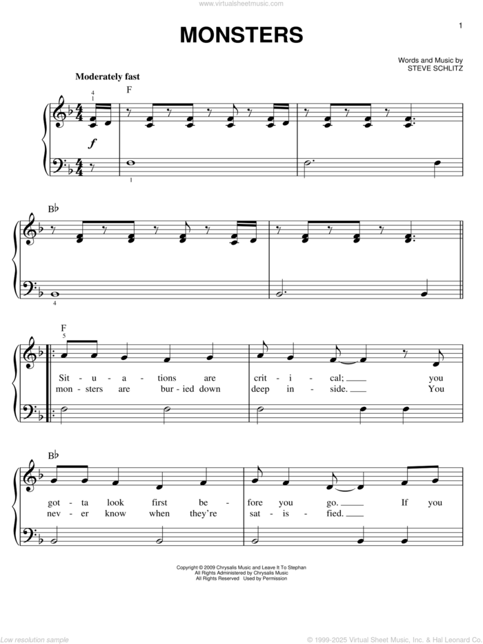 Monsters sheet music for piano solo by Hurricane Bells, Steve Schlitz and Twliight: New Moon (Movie), easy skill level