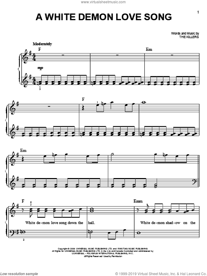 A White Demon Love Song sheet music for piano solo by The Killers and Twliight: New Moon (Movie), easy skill level