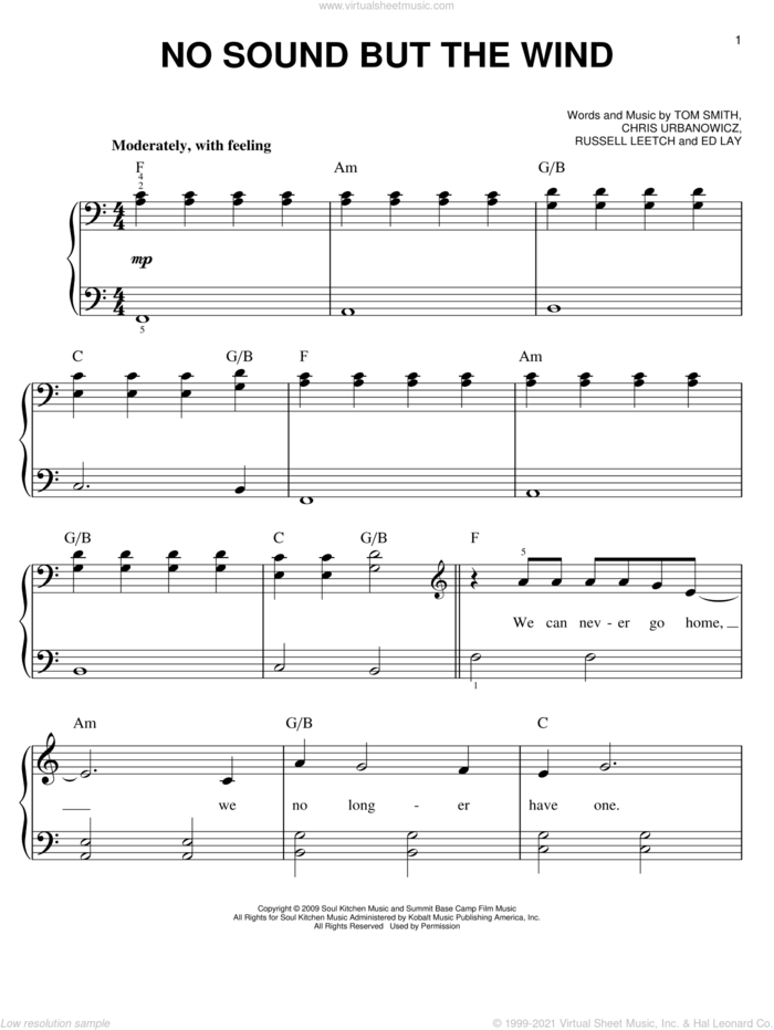 No Sound But The Wind sheet music for piano solo by Editors, Chris Urbanowicz, Ed Lay, Russell Leetch, Tom Smith and Twliight: New Moon (Movie), easy skill level