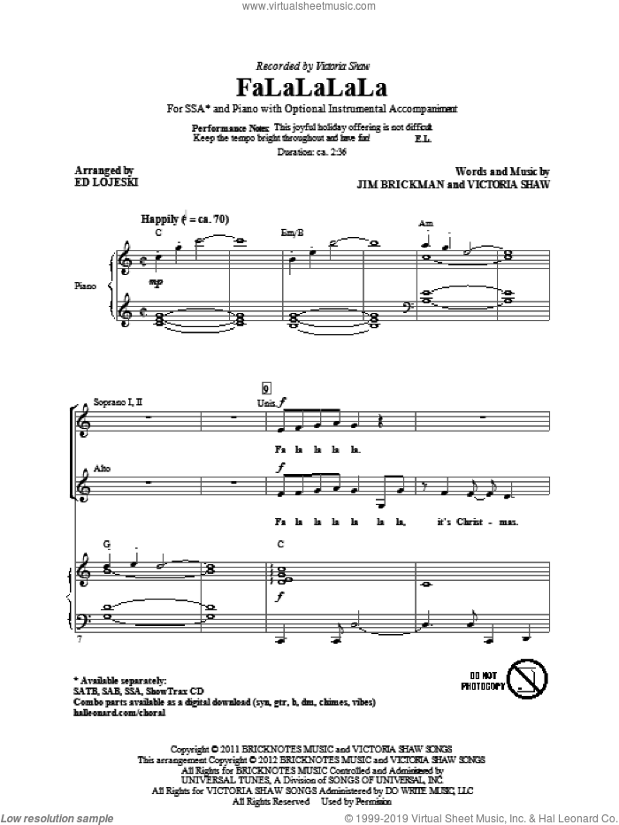 FaLaLaLaLa sheet music for choir (SSA: soprano, alto) by Jim Brickman, Victoria Shaw and Ed Lojeski, intermediate skill level