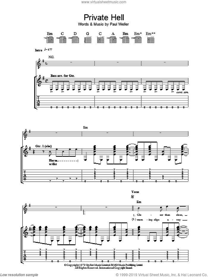 Private Hell sheet music for guitar (tablature) by The Jam and Paul Weller, intermediate skill level