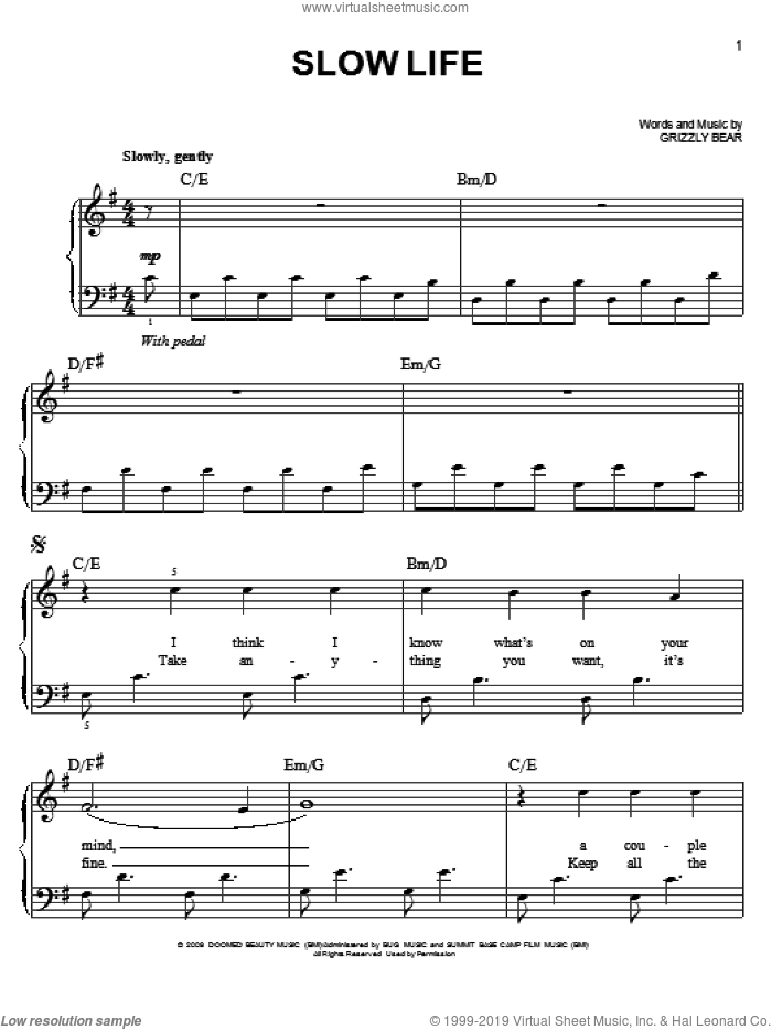 Slow Life sheet music for piano solo by Grizzly Bear and Twliight: New Moon (Movie), easy skill level