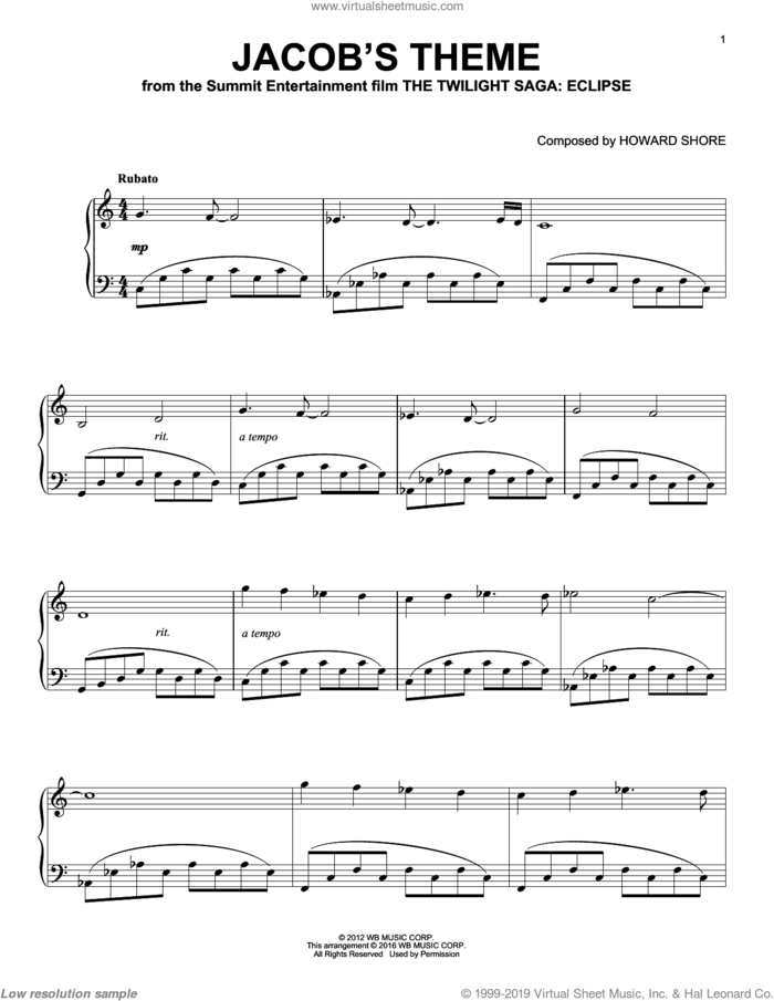 Jacob's Theme sheet music for piano solo by Howard Shore and Twilight: Eclipse (Movie), intermediate skill level