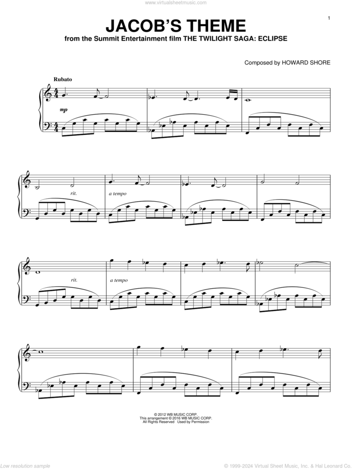 Jacob's Theme sheet music for piano solo by Howard Shore and Twilight: Eclipse (Movie), intermediate skill level