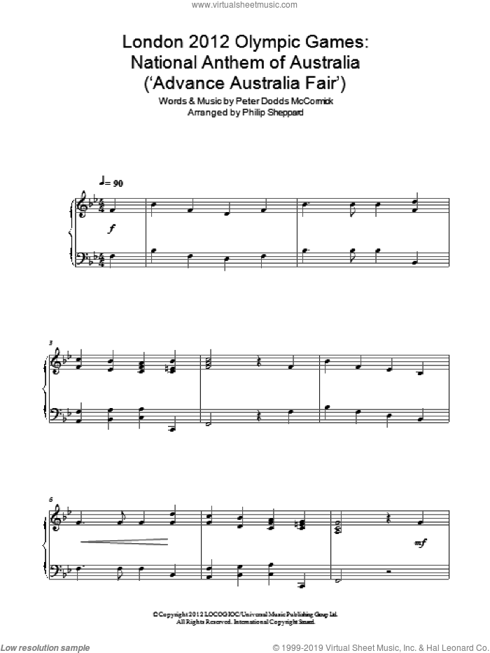 London 2012 Olympic Games: National Anthem Of Australia ('Advance Australia Fair') sheet music for piano solo by Philip Sheppard and Peter Dodds McCormick, classical score, intermediate skill level