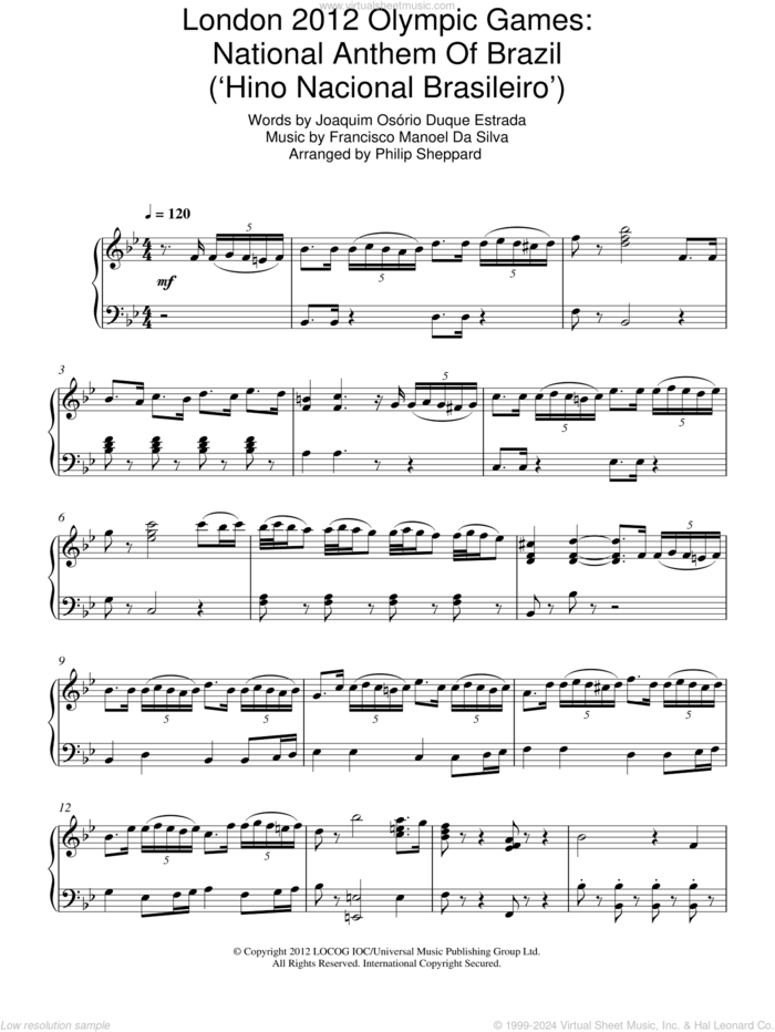 London 2012 Olympic Games: National Anthem Of Brazil ('Hino Nacional Brasileiro') sheet music for piano solo by Philip Sheppard, Francisco Manoel Da Silva and Joaquim Osorio Duque Estrada, classical score, intermediate skill level