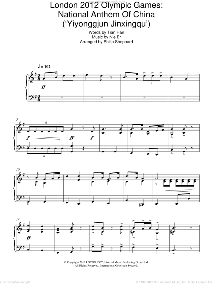 London 2012 Olympic Games: National Anthem Of China ('Yiyonggjun Jinxingqu') sheet music for piano solo by Philip Sheppard, Nie Er and Tian Han, classical score, intermediate skill level