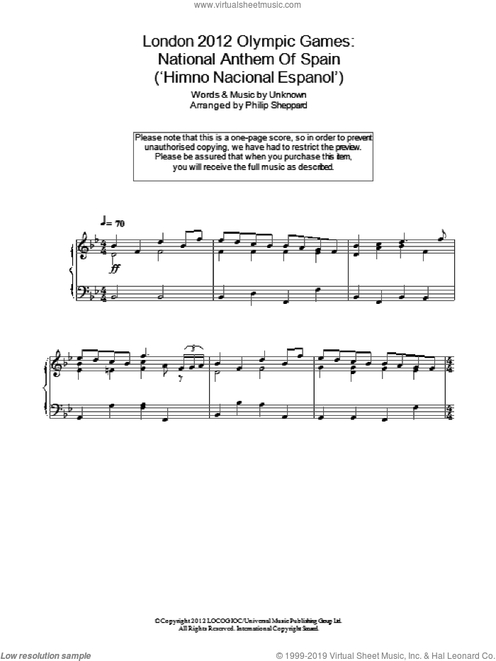 London 2012 Olympic Games: National Anthem Of Spain ('Himno Nacional Espanol') sheet music for piano solo by Philip Sheppard and Anonymous, classical score, intermediate skill level