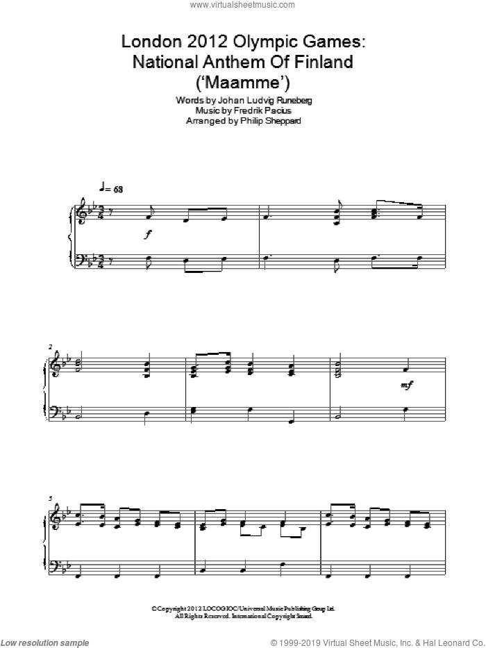 Maamme sheet music for piano solo by Philip Sheppard, Fredrik Pacius and Johan Ludvig Runeberg, classical score, intermediate skill level