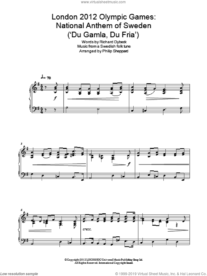 London 2012 Olympic Games: National Anthem Of Sweden ('Du Gamla, Du Fria') sheet music for piano solo by Philip Sheppard, Old Swedish Folk music and Richard Dybeck, classical score, intermediate skill level