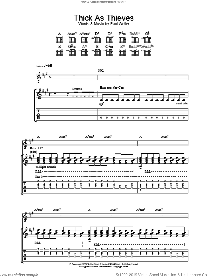 Thick As Thieves sheet music for guitar (tablature) by The Jam and Paul Weller, intermediate skill level