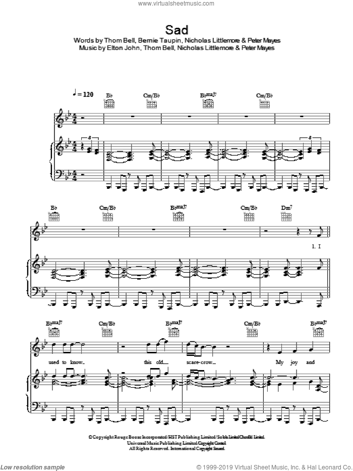 Sad sheet music for voice, piano or guitar by Elton John vs. Pnau, Bernie Taupin, Elton John, Nicholas Littlemore, Peter Mayes and Thomas Bell, intermediate skill level