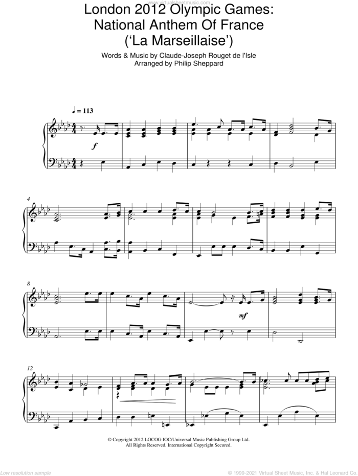 London 2012 Olympic Games: National Anthem Of France ('La Marseillaise') sheet music for piano solo by Philip Sheppard and Claude Rouget de Lisle, intermediate skill level
