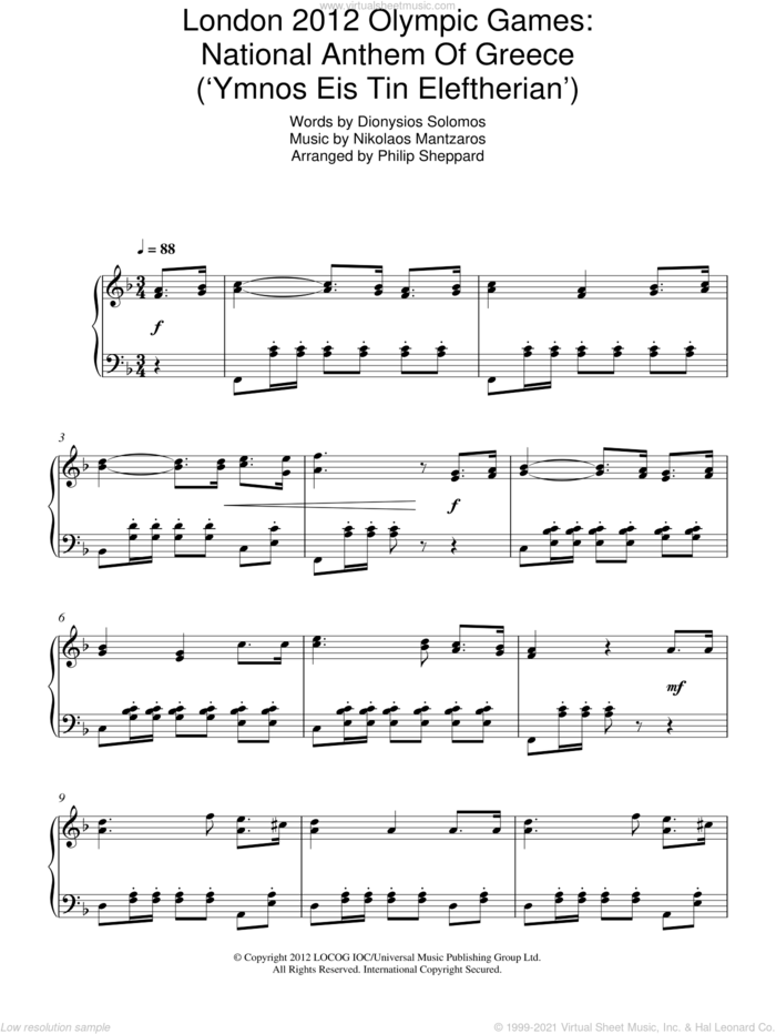 London 2012 Olympic Games: National Anthem Of Greece ('Ymnos Eis Tin Eleftherian') sheet music for piano solo by Philip Sheppard, Dionysios Solomos and Nikolaos Mantzaros, intermediate skill level
