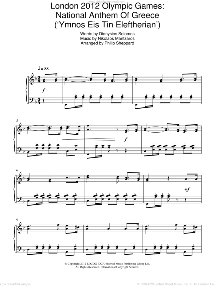 London 2012 Olympic Games: National Anthem Of Greece ('Ymnos Eis Tin Eleftherian') sheet music for piano solo by Philip Sheppard, Dionysios Solomos and Nikolaos Mantzaros, intermediate skill level