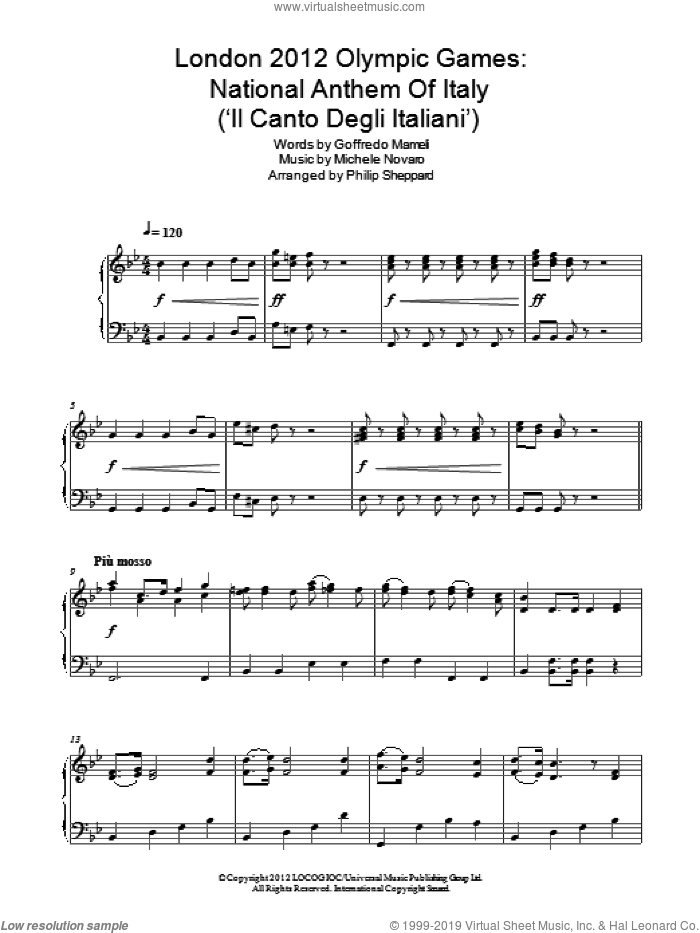 London 2012 Olympic Games: National Anthem Of Italy ('Il Canto Degli Italiani') sheet music for piano solo by Philip Sheppard, Goffredo Mameli and Michele Novaro, intermediate skill level