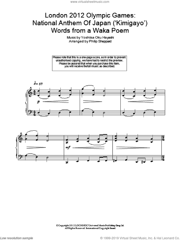 London 2012 Olympic Games: National Anthem Of Japan ('Kimigayo') sheet music for piano solo by Philip Sheppard, Waka Poem and Yoshiisa Oku Hayashi, intermediate skill level