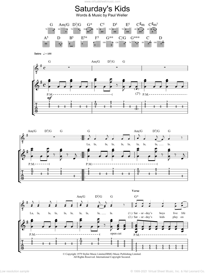 Saturday's Kids sheet music for guitar (tablature) by The Jam and Paul Weller, intermediate skill level