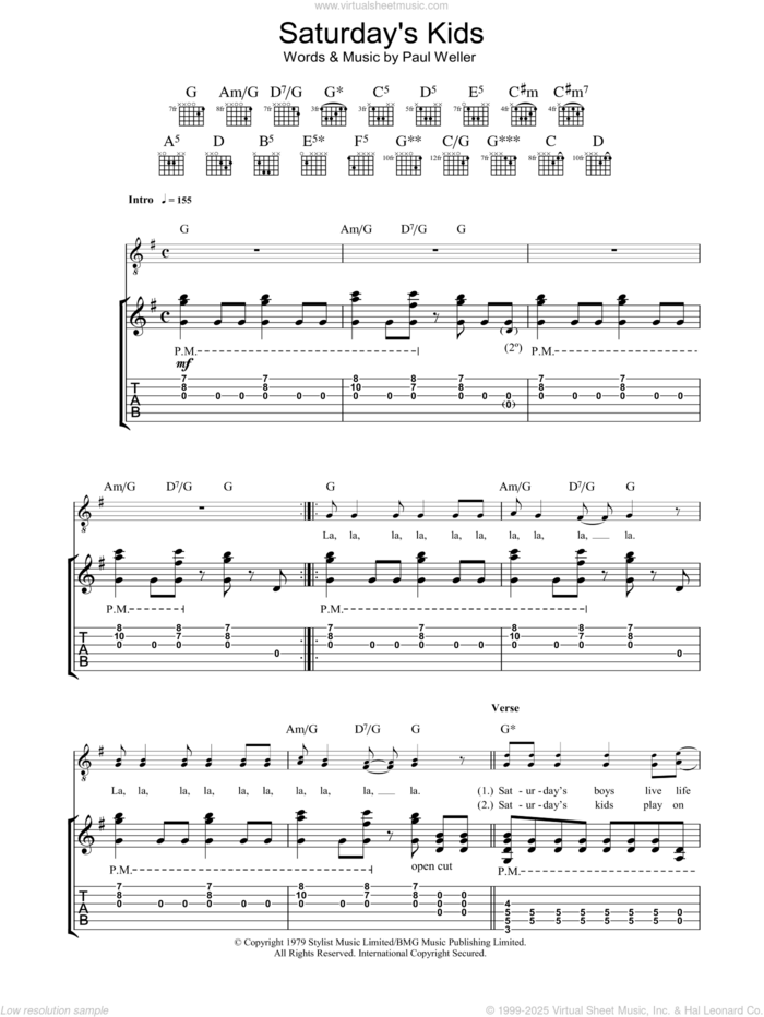 Saturday's Kids sheet music for guitar (tablature) by The Jam and Paul Weller, intermediate skill level