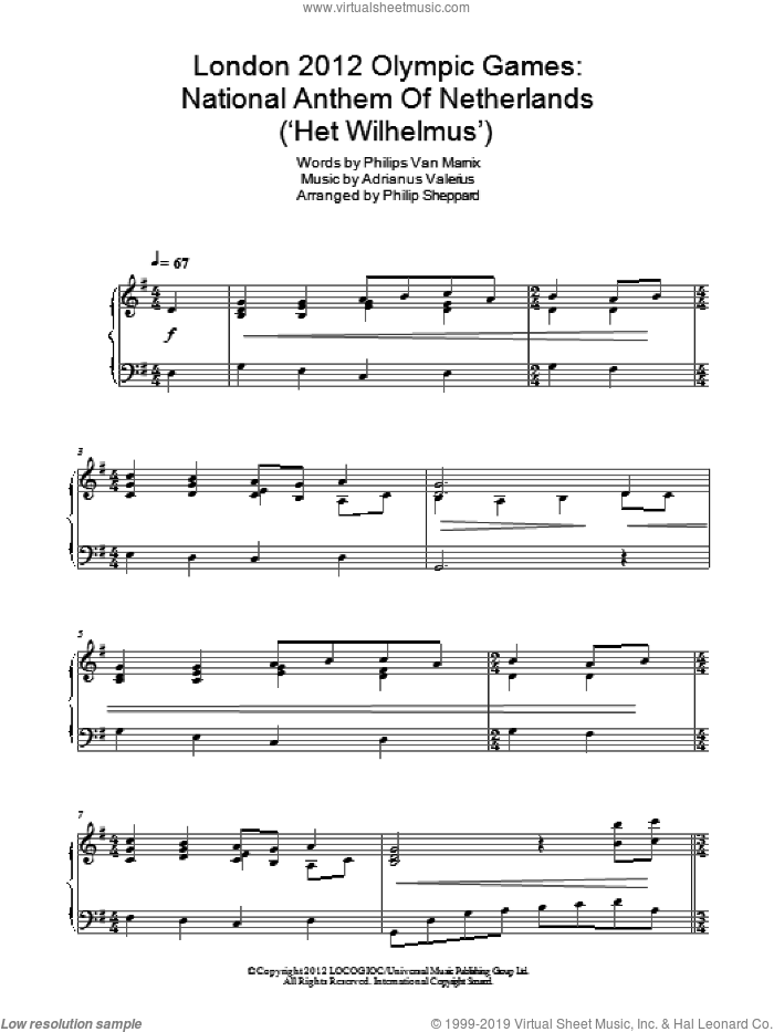 London 2012 Olympic Games: National Anthem Of Netherlands ('Het Wilhelmus') sheet music for piano solo by Philip Sheppard, Adrianus Valerius and Philips Van Marnix, intermediate skill level