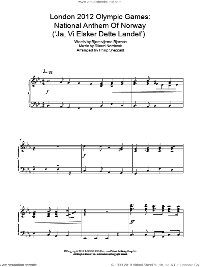 London 2012 Olympic Games: National Anthem Of Norway ('Ja, Vi Elsker Dette Landet') sheet music for piano solo by Philip Sheppard, Bjornstjerne Bjornson and Rikard Nordraak, intermediate skill level