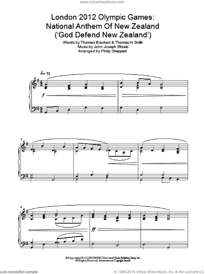 London 2012 Olympic Games: National Anthem Of New Zealand ('God Defend New Zealand') sheet music for piano solo by Philip Sheppard, John Joseph Woods, Thomas Bracken and Tim Smith, intermediate skill level