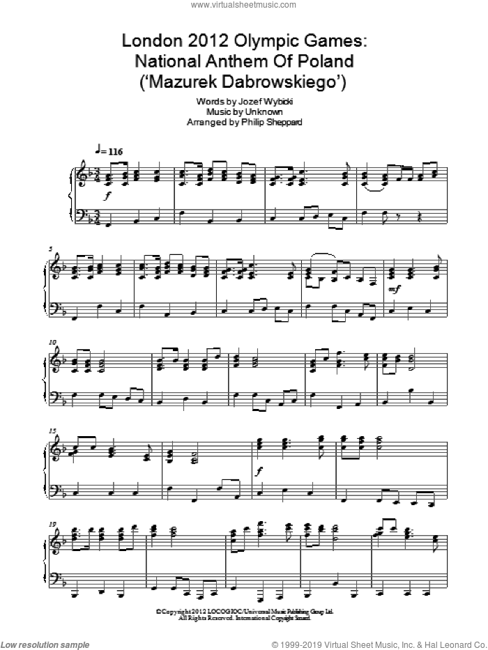London 2012 Olympic Games: National Anthem Of Poland ('Mazurek Dabrowskiego') sheet music for piano solo by Philip Sheppard and Jozef Wybicki, intermediate skill level