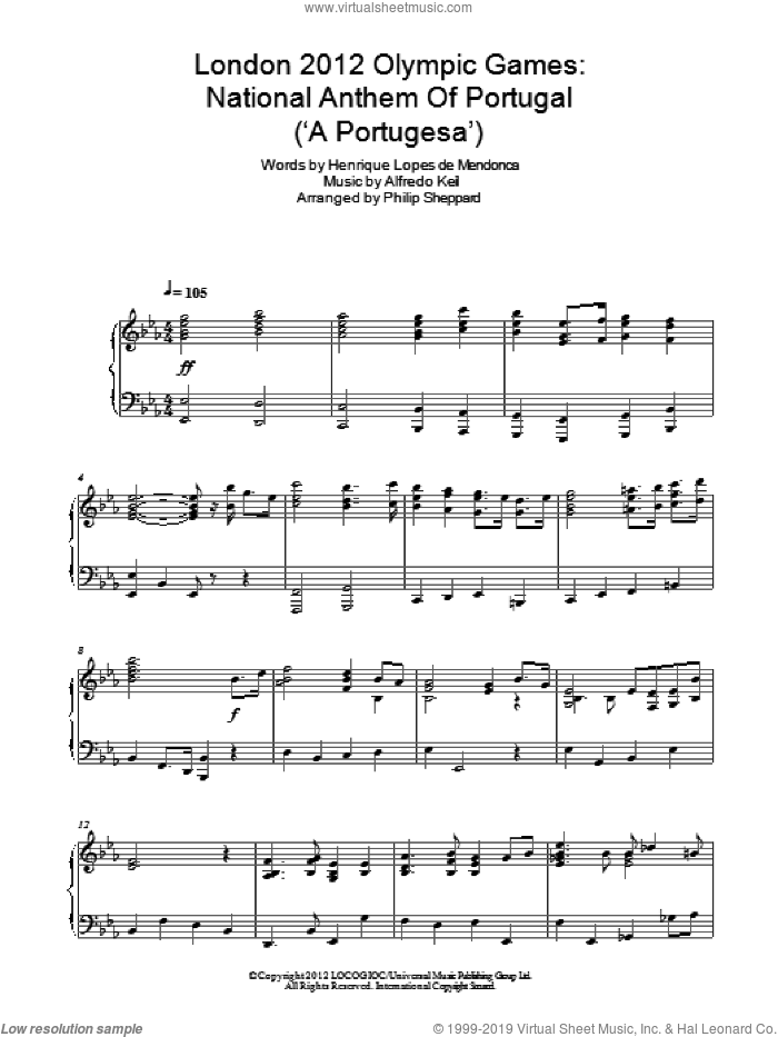 london 2012 Olympic Games: National Anthem Of Portugal ('A Portugesa') sheet music for piano solo by Philip Sheppard, Alfredo Keil and Henrique Lopes de Mendonca, intermediate skill level
