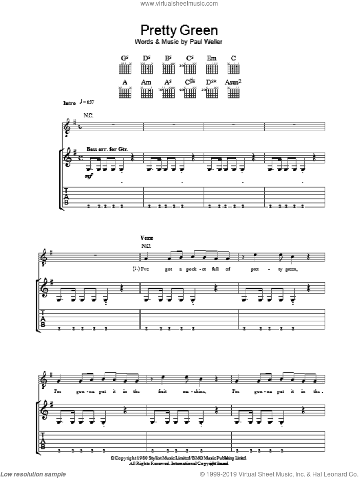 Pretty Green sheet music for guitar (tablature) by The Jam and Paul Weller, intermediate skill level