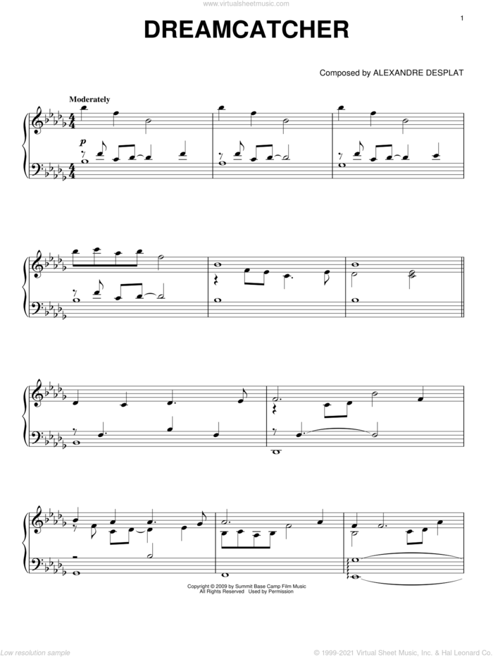 Dreamcatcher (from The Twilight Saga: New Moon) sheet music for piano solo by Alexandre Desplat and Twlight: New Moon (Movie), intermediate skill level