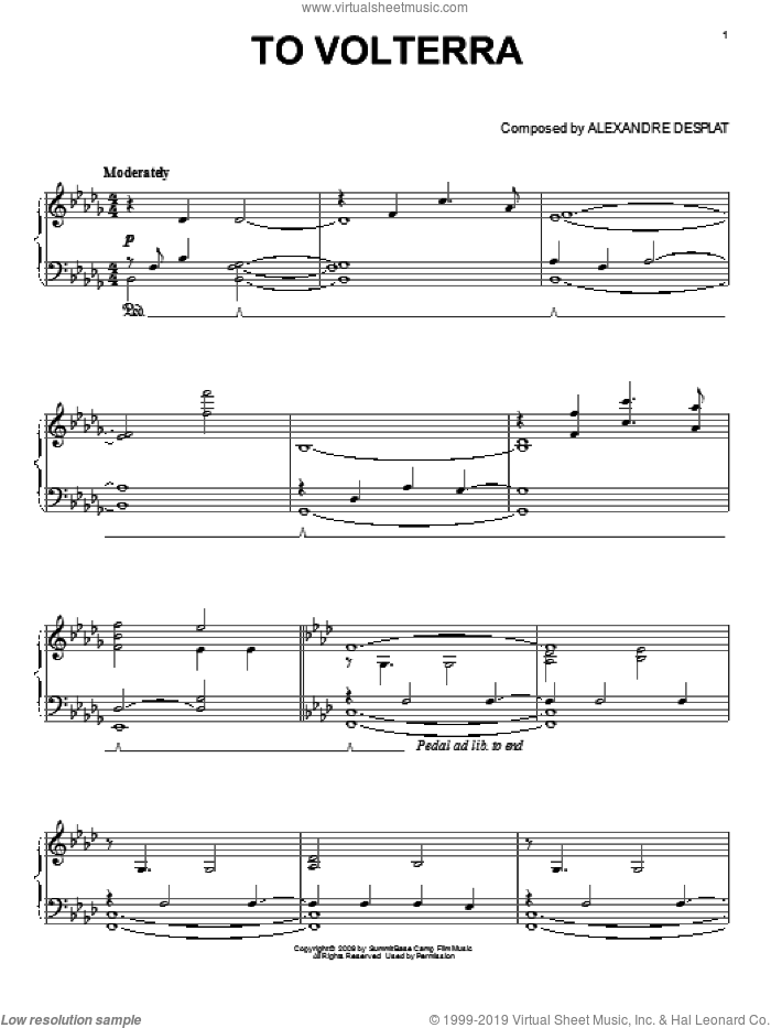 To Volterra (from The Twilight Saga: New Moon) sheet music for piano solo by Alexandre Desplat and Twlight: New Moon (Movie), intermediate skill level