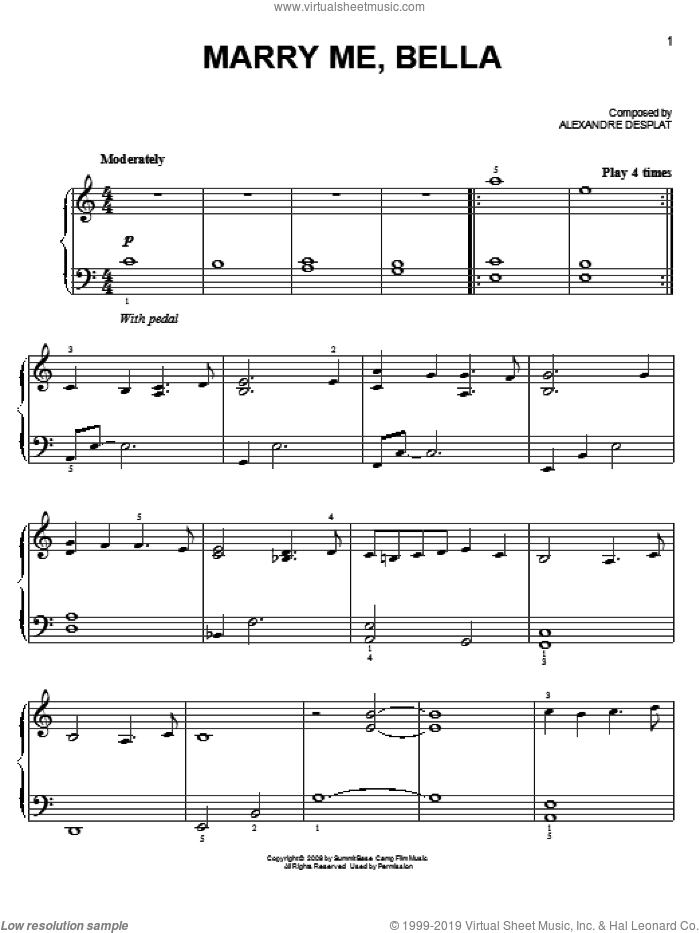 Marry Me, Bella (from The Twilight Saga: New Moon) sheet music for piano solo by Alexandre Desplat and Twlight: New Moon (Movie), easy skill level
