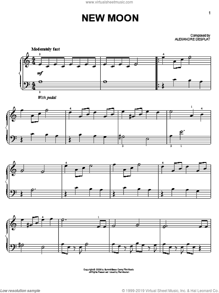 New Moon (from The Twilight Saga: New Moon), (easy) (from The Twilight Saga: New Moon) sheet music for piano solo by Alexandre Desplat and Twlight: New Moon (Movie), easy skill level