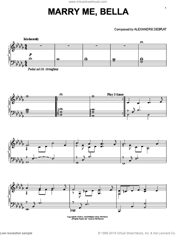Marry Me, Bella (from The Twilight Saga: New Moon) sheet music for piano solo by Alexandre Desplat and Twlight: New Moon (Movie), intermediate skill level
