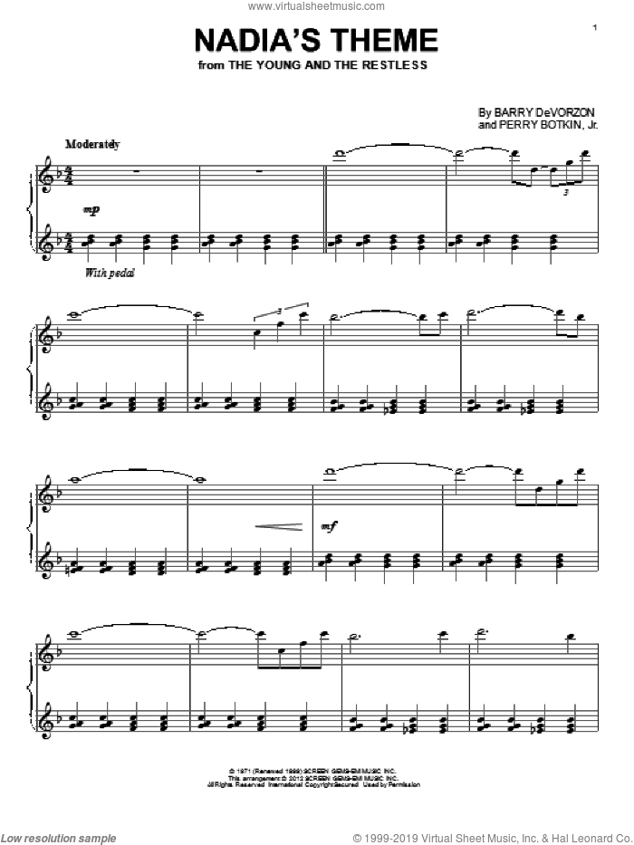 Nadia's Theme sheet music for piano solo by Perry Botkin, Jr. and Barry DeVorzon, intermediate skill level