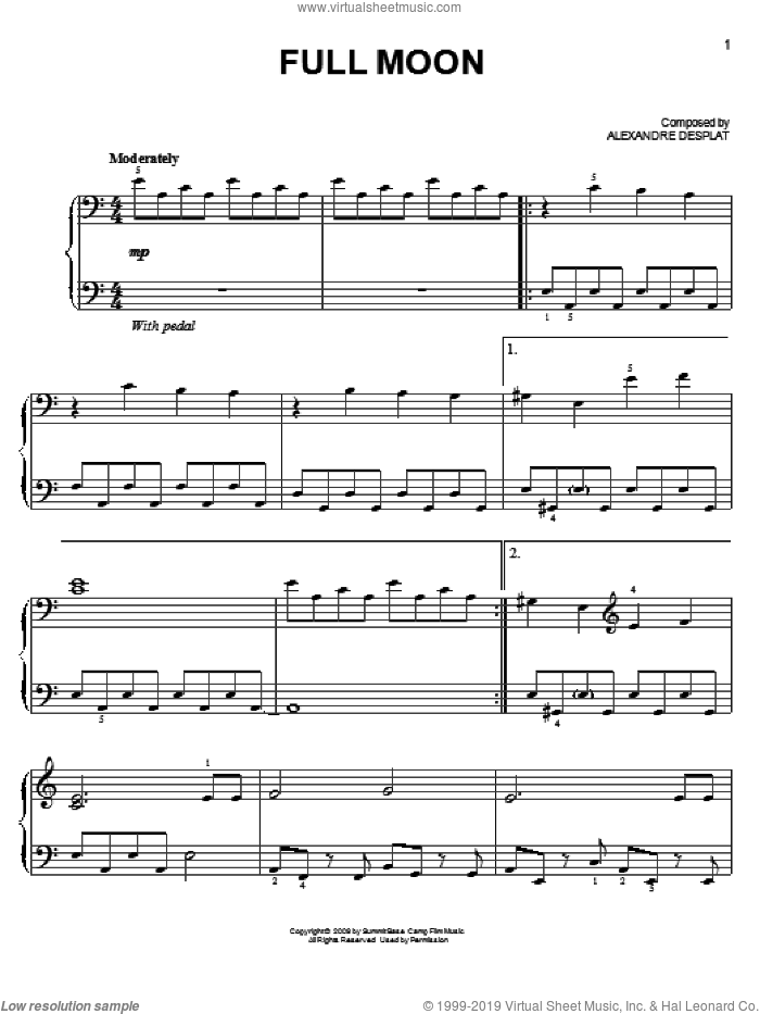 Full Moon (from The Twilight Saga: New Moon), (easy) sheet music for piano solo by Alexandre Desplat and Twlight: New Moon (Movie), easy skill level