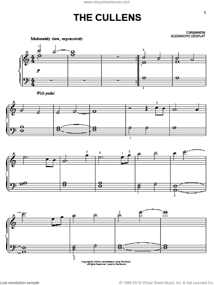 The Cullens (from The Twilight Saga: New Moon) sheet music for piano solo by Alexandre Desplat and Twlight: New Moon (Movie), easy skill level