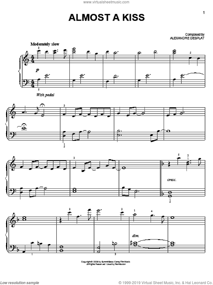 Almost A Kiss (from The Twilight Saga: New Moon) sheet music for piano solo by Alexandre Desplat and Twlight: New Moon (Movie), easy skill level