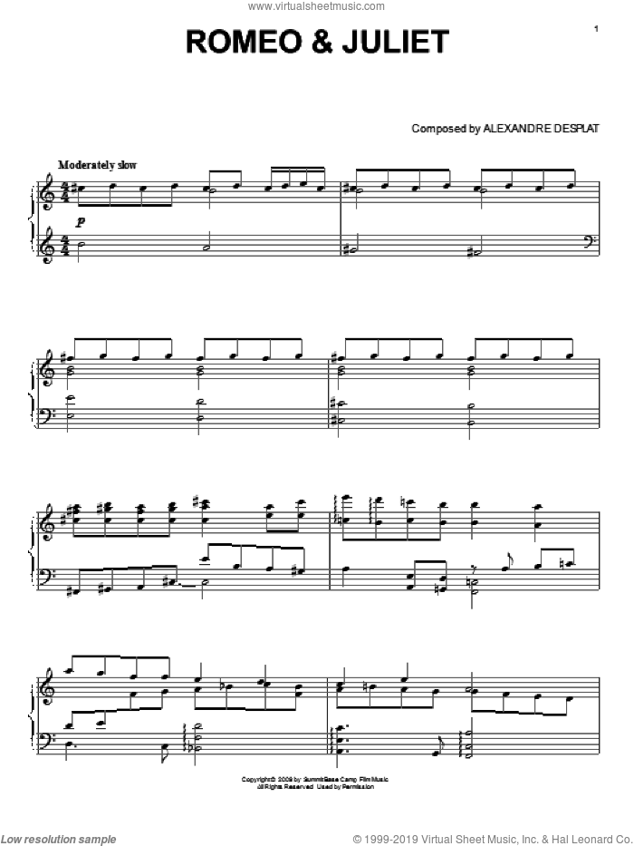 Romeo and Juliet (from The Twilight Saga: New Moon) sheet music for piano solo by Alexandre Desplat and Twlight: New Moon (Movie), intermediate skill level