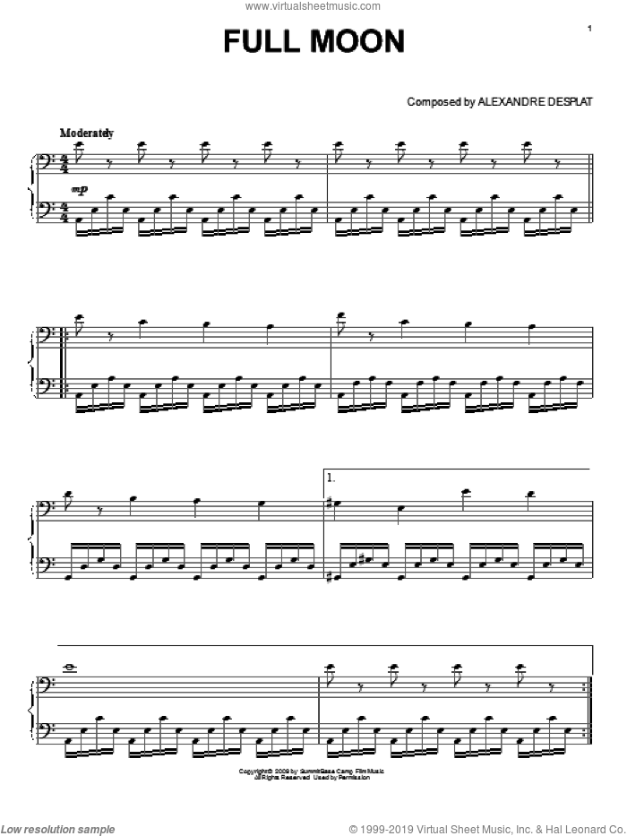 Full Moon (from The Twilight Saga: New Moon), (intermediate) sheet music for piano solo by Alexandre Desplat and Twlight: New Moon (Movie), intermediate skill level