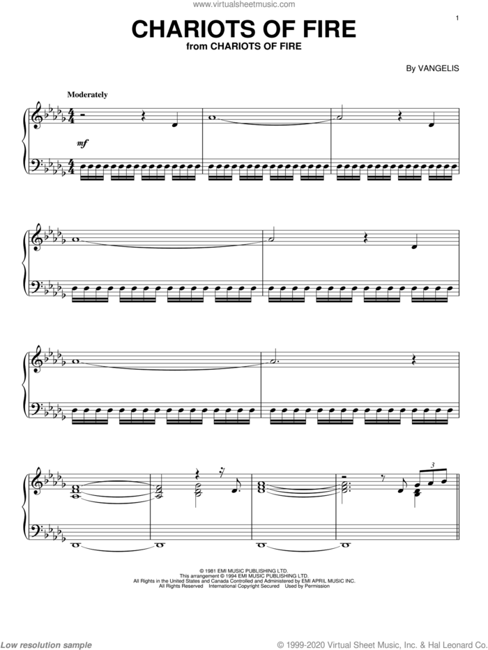 Chariots Of Fire, (intermediate) sheet music for piano solo by Vangelis, intermediate skill level