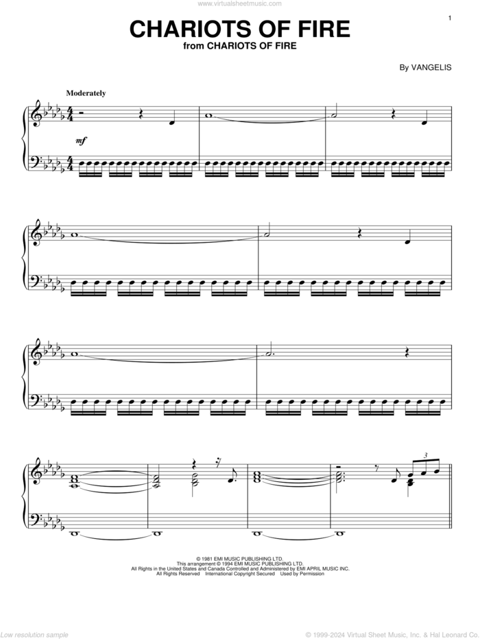 Chariots Of Fire, (intermediate) sheet music for piano solo by Vangelis, intermediate skill level