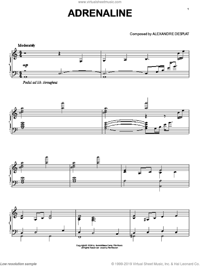 Adrenaline (from The Twilight Saga: New Moon) sheet music for piano solo by Alexandre Desplat and Twlight: New Moon (Movie), intermediate skill level