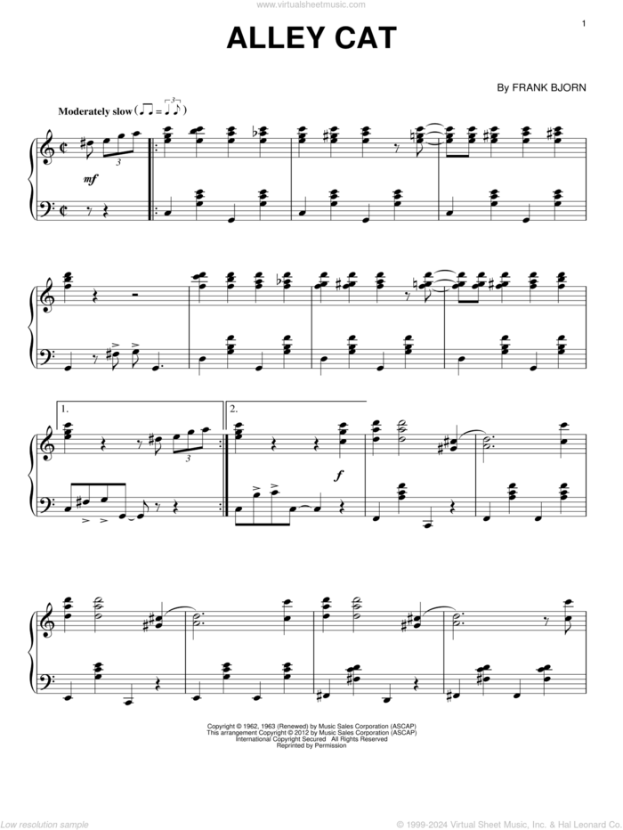 Alley Cat sheet music for piano solo by Frank Bjorn and Bent Fabric, intermediate skill level